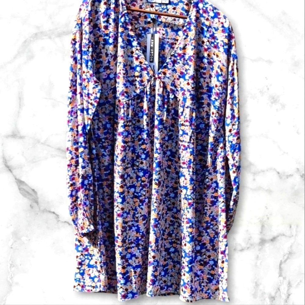 :L: Blue White Pink & Yellow Noisy May Dress with Smocked Bodice & Long Sleeves.